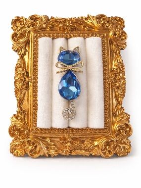 Blue Crystal Cat Brooch - Gold Tone